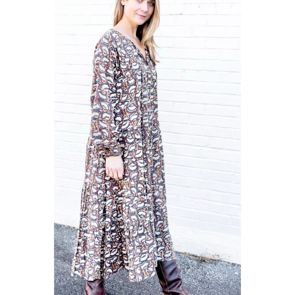 Maleu Washed Cotton Block Print Burgundy Floral Tiered Maxi Dress S - Picture 2 of 8